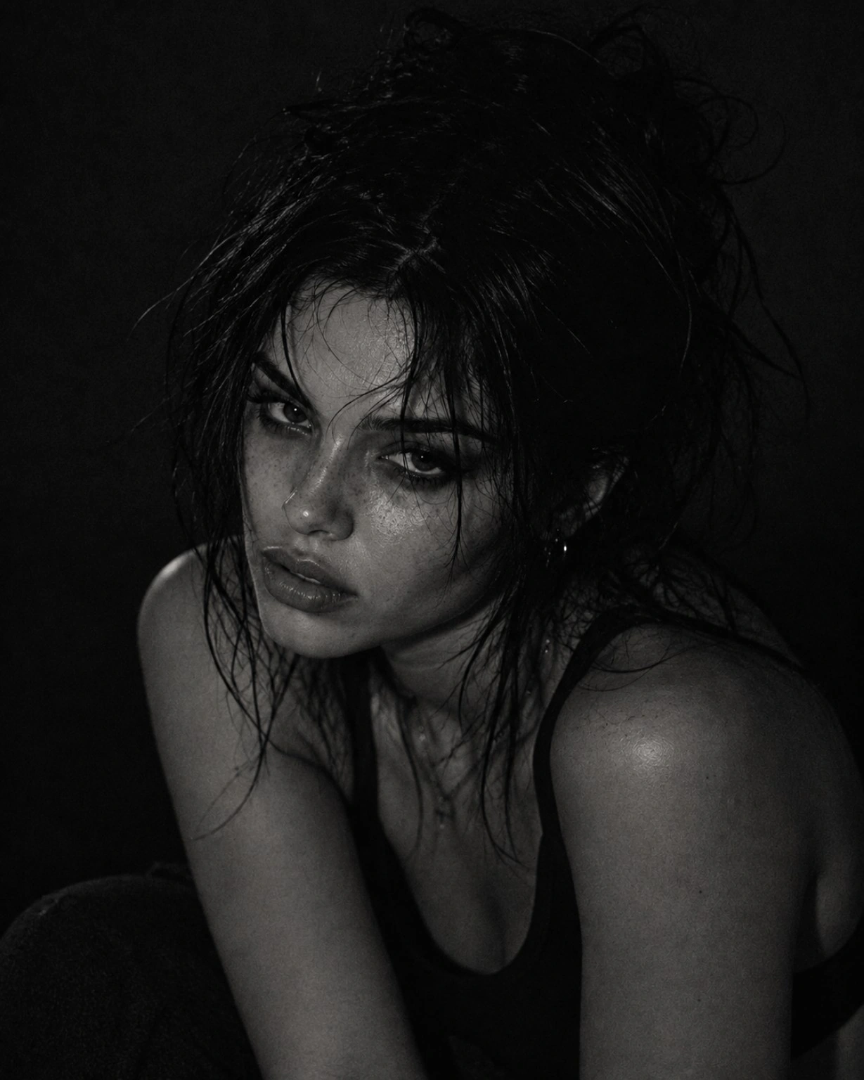 Monochrome portrait of Maxine Meyer with loose hair, looking directly at the camera