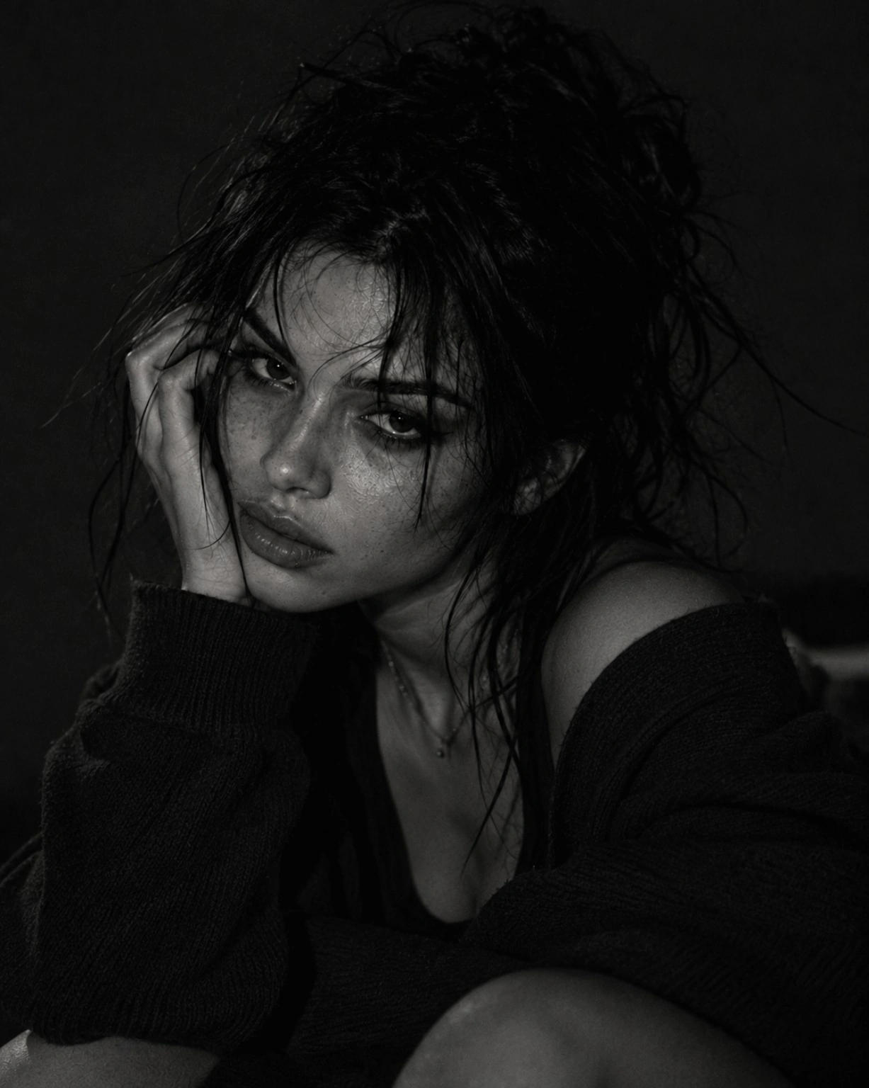 Monochrome portrait of Maxine Meyer resting her face against her hand
