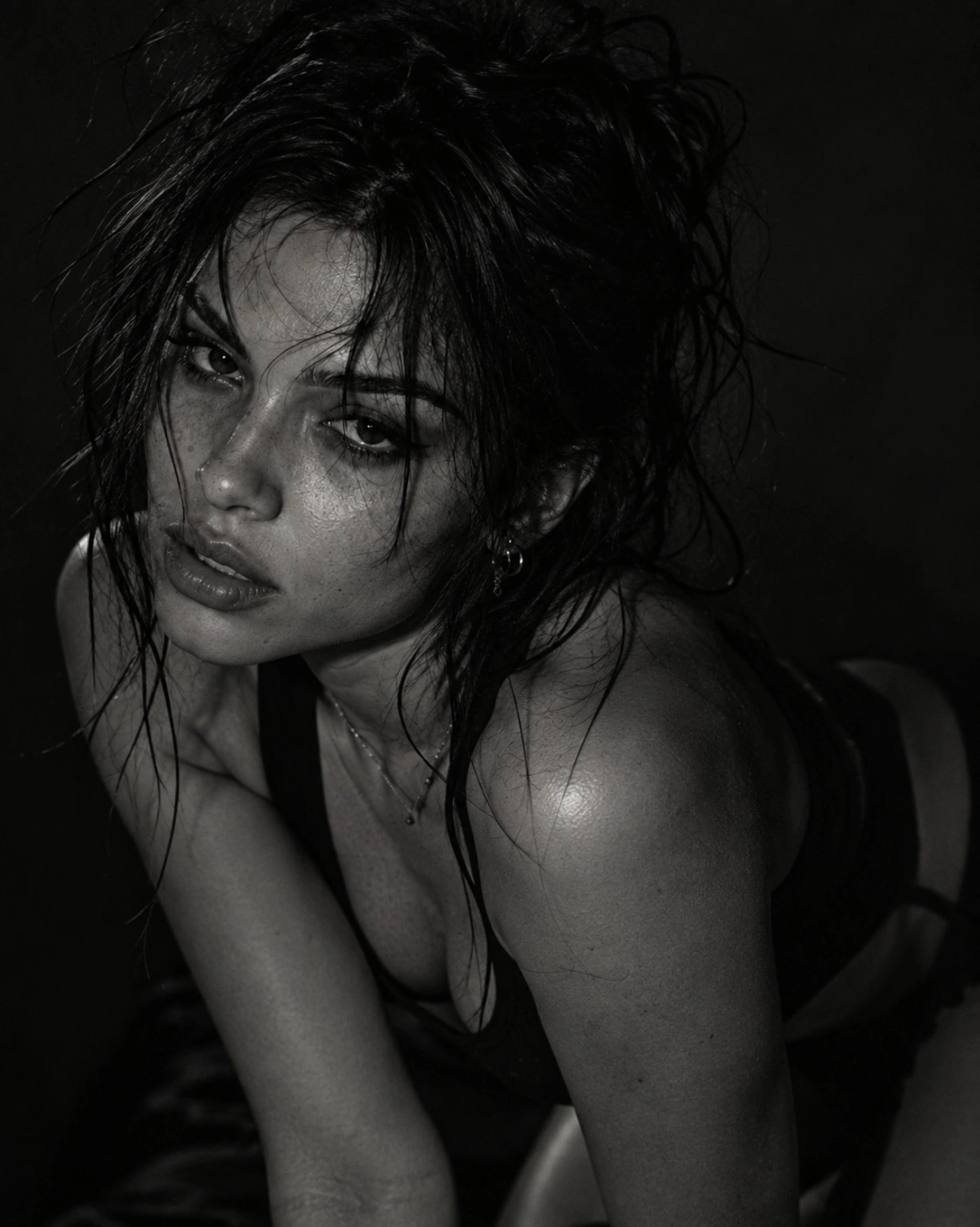 Monochrome portrait of Maxine Meyer looking back toward the camera over her shoulder